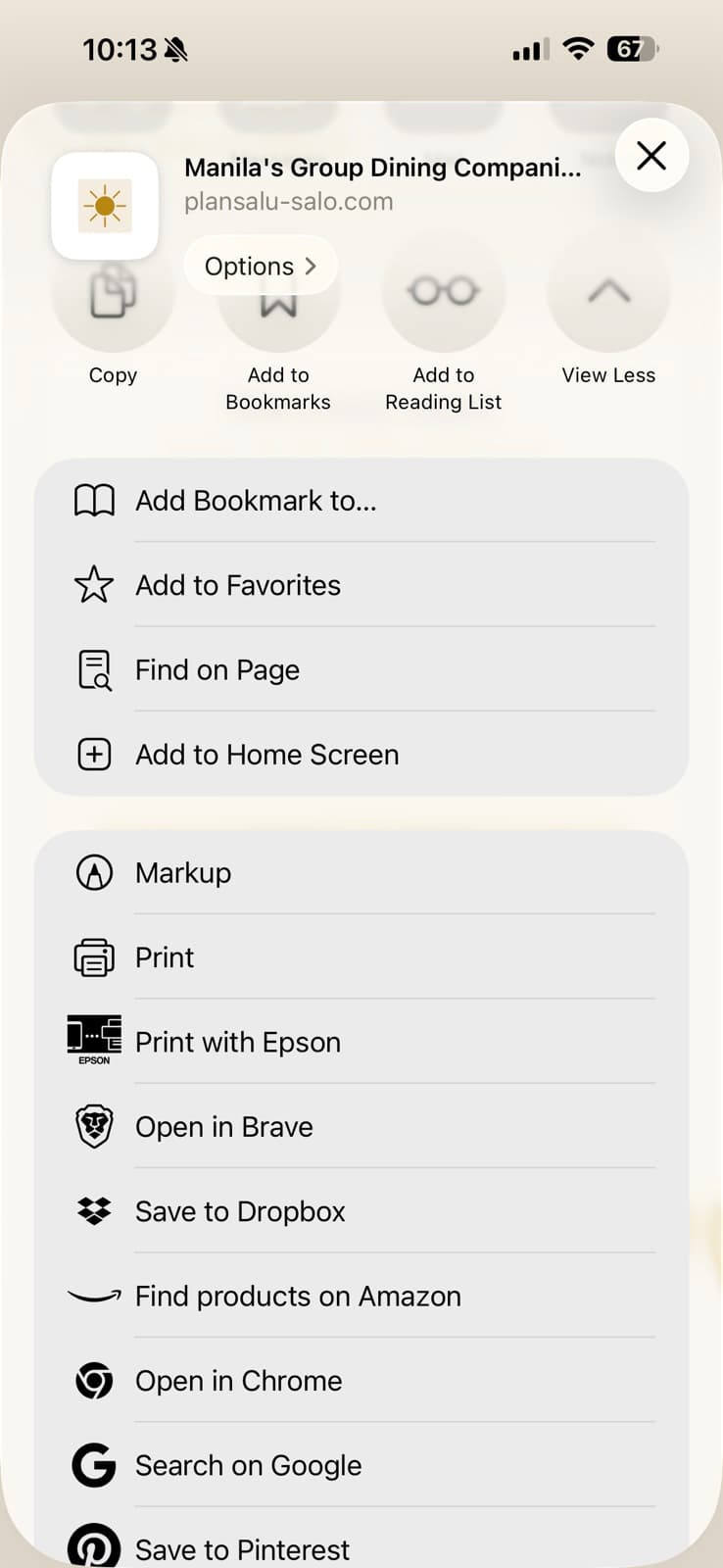 Safari toolbar with the Share button highlighted on the Plan: Salu-Salo sign-in screen.