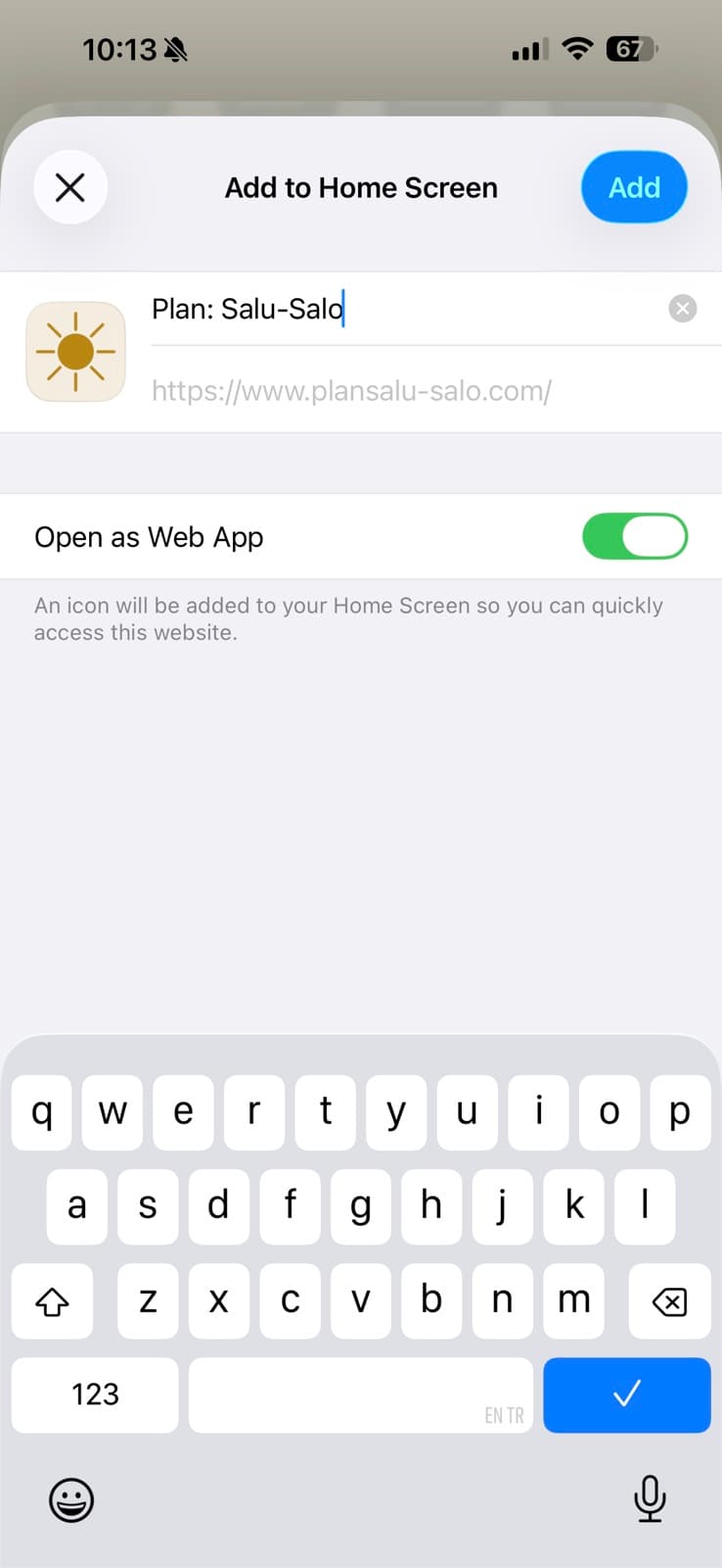 Safari share sheet with the “Add to Home Screen” option visible.